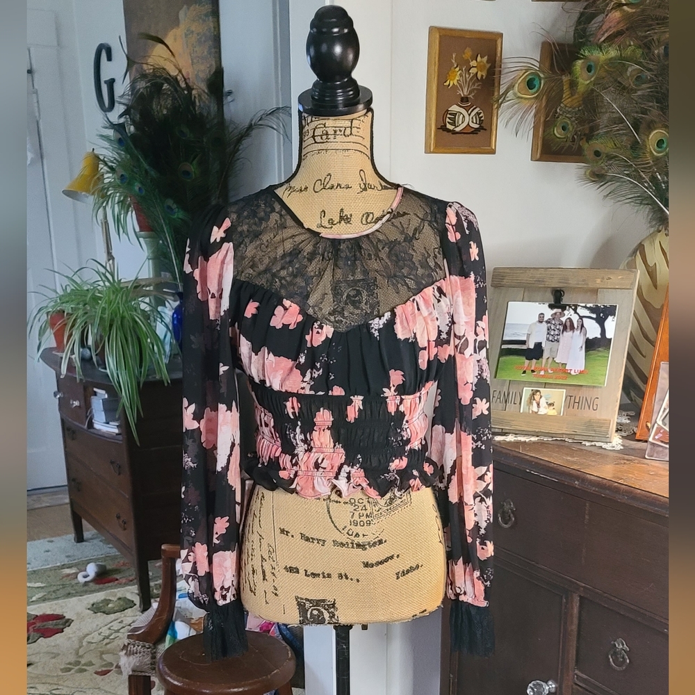 Free people pink black lace sheer long sleeves Top